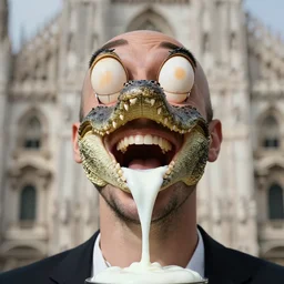 a perfect funereal portrait photograph of a man, his skin is upside down, his eyes are on stalks, his nose is made of alligators, his mouth is drooling a gushing river of raw egg white, he is happy and he is singing the national anthem of italy