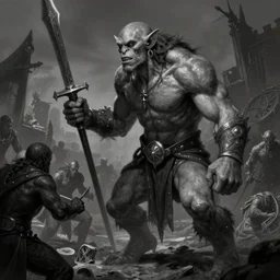 orcs fighting elves, highly detailed, male, smooth, sharp focus, dark fantasy, greyscale, digital illustration, by artgerm, greg rutkowski, alphonse mucha