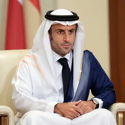 a photo of Emmanuel Macron dressed as a Qatari prince in Dubaï