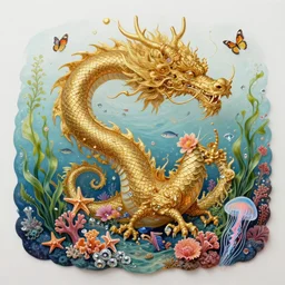 hyperrealistic detailed painting of a fractal golden dragon over the sea, with flowers, butterflies, corals, sea kelp, sea plants, fish, starfish, jellyfish, diamonds, filaments, golden filigree, neon lights, art by ernst haeckel, john william godward, hammershøi, alphons mucha, pontormo, ornamental, decorative, art nouveau wallpaper, lights by hopper, pastel deep colours,