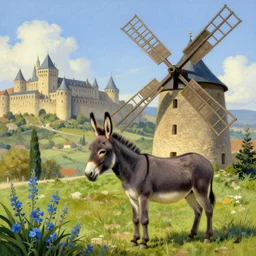 Beautiful donkey standing at the base of a windmill, spots of blue flowers nearby, medieval french landscape, Carcassonne, city of carcassonne in the background, by Stanley Artgerm Lau, WLOP, Rossdraws, frank frazetta, Andrei Riabovitchev, tranding on artstation