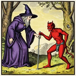 witchcraft : a witch and a devil making a nail with which to make a boy lame, woodcut, 1 7 2 0. vibrant colors, highly detailed.