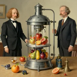 a hyperdetailed technical illustration of a machine for making fruit by rene magritte and roger dean