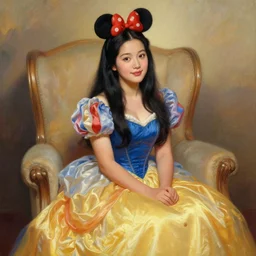 beautiful 3 0 year old woman with long black hair, tan skin, curvy hourglass figure, round cute face wearing a colorful disney princess gown with mickey mouse ears headband sitting in an armchair. beautiful painting by artgerm and greg rutkowski and bouguereau