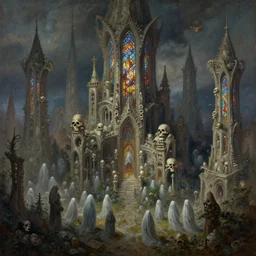 a beautiful landscape painting, an ancient fractal city of old bones and stained glass populated by a legion of ghosts, by sam guay, moody lighting, hyperrealism, 4 k, octane render