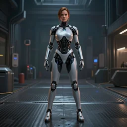 kate beckinsale as cyborg, trending artstaition, cinematic, full body, metal floor, high ceil, unreal engine