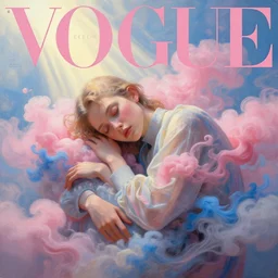 3 d, pink and blue smoke, sun rays, sleepy fashion model, vogue cover style, poster art, high detail, intricate oil painting, multiple exposure, heaven mood, hyperrealism, 3 d, by tooth wu and wlop and beeple and greg rutkowski