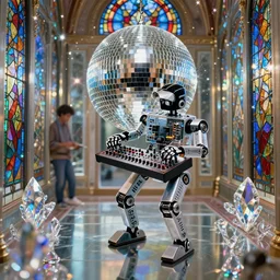 tilt shifted robot using modular synth with disco ball in a hall of mirrors with stained glass and crystals, sparkles, shine glimmer, by scott uminga and chris dyer