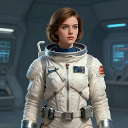 artwork by leandro franci on artstation, medium shot portrait of a young beautiful white female space cadet in uniform, retro futurism, by leandro franci artstation,