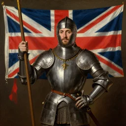 portrait painting of a medieval knight  holding a medieval british flag by George Stubbs, renaissance painting, oil painting, old master