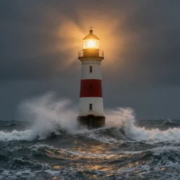 lighthouse in a storm. lonely, churning waves, splashing on lighthouse. warm lighting