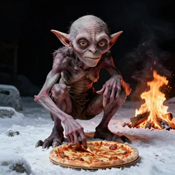 gollum smeagol grotesque croutching over a pizza, feet deep in the snow, looking in camera, black sky, fire burning, ultra detailed, ultra realistic, by beksinski, giger, greg rutkowski, trending on artstation, deviantart, masterpiece, photorealism