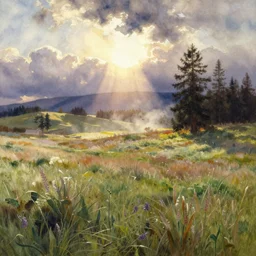 california style watercolor painting of scandinavian meadow, plains, very beautiful ambient lighting, sun rays, dust, art by john singer sargent, by anders zorn, wonderful masterpiece by greg rutkowski, cinematic light, american romanticism by greg manchess, creation by tyler edlin