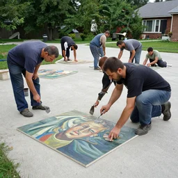 a group of men working on a concrete driveway. palette knife oil painting on canvas by leonid afremov