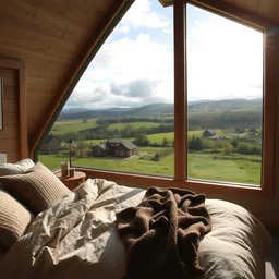 ultra wide angle photograph of cozy hygge cabin bedroom with large window looking out at idyllic green scottish countryside, sunny, peaceful clouds