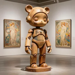 octane render ultra photorealistic hyper detailed, a very very sculpture cute wooden mystical statue robot of the roman organique cyberpunk a contemporary art gallery in neo tokyo artwork alphonse mucha