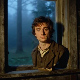 portrait bust of daniel radcliffe, solemn expression, faded color film, russian cinema, tarkovsky, kodachrome, old cabin, next to window, heavy forest outside, long brown hair, old clothing, heavy fog, blue hour, hudson river school, 4 k, dramatic lighting, greg rutkowski