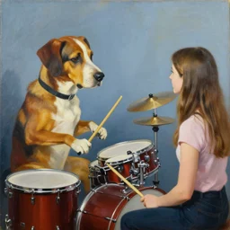 dog playing drums, looking at a girl, large scale painting by robert mccall and vladimir kush