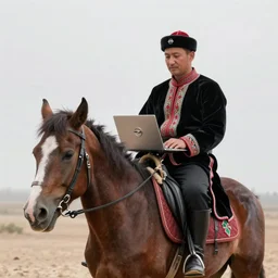 a person on a horse with a laptop, wearing traditional tatar clothes, horse has Opel logo painted on its head