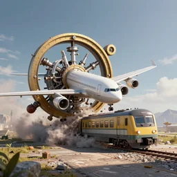 An airplane with mechanical gyroscope and a train crashes into the back of it, vray maya 3D render still