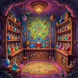 A psychedelic rpg alchemist shop stocked with various colorful potions and apparatus dungeon map room , vibrant color scheme, highly detailed, in the style of romanticism, cinematic, artstation, Moebius, Greg rutkowski