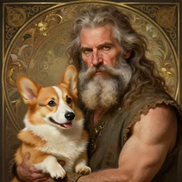 close up portrait of a old, ruggedly handsome bearded man holding corgi dog, soft hair, muscular, half body, cloth, d & d, fantasy, intricate, elegant, highly detailed, digital painting, artstation, concept art, smooth, sharp focus, illustration, art by artgerm and greg rutkowski and alphonse mucha