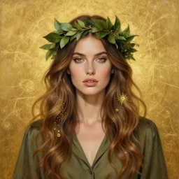 epic painting drawing, full figure portrait of beautiful supermodel wearing olive blouse, long wavy hair with tea leaves bridal crown, intricate golden fractals, photography by amy leibowitz, wlop, jeremy lipkin, beeple, intricate, symmetrical front portrait, artgerm, golden glowing background