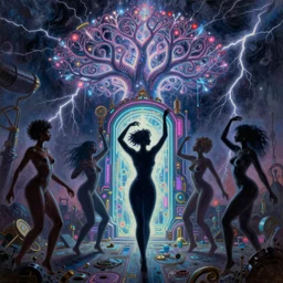 silhouettes of voluptuous african women dancing around a glowing, energized, steampunk neon portal near the electric tree of life in a lightning storm, by ilya kuvshinov, greg rutkowski, loish, rhads, artgerm and justin bua!!!. oil on canvas, detailed and intricate environment, radiant lighting. highly detailed. masterpiece