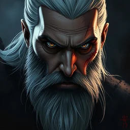geralt of rivia with long beard and intense eyes, scarred, close up, rim lighting, portrait, sinister atmospheric lighting. highly detailed painting by greg rutkowski, anime style, studio gibli