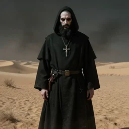 a catholic priest with pale skin and black beard, revolver at side, crucifix around neck, similar to roland deschain, shadowy, in middle of desert, art by michael whelan, horror art, science fantasy, highly detailed, hq, trending on artstation, gritty