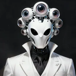 portrait of a male character with many robotic eyes in sleek clothes, in a flowing white tailcoat, wearing a futuristic insectoid armored white mask with five round lenses for eyes, many eyes, dramatic lighting, illustration by Greg rutkowski, yoji shinkawa, 4k, digital art, concept art, trending on artstation