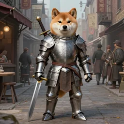 a detailed matte portrait of an anthropomorphic shiba inu in steel plate armor, shiba inu face, very large longsword leaning against the side of a tavern, city streets, masterpiece, 8 k, art by donato giancola and greg rutkowski and wayne barlow and zdzisław beksinski