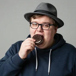 obese sad nerdy guy with glasses wearing a hoodie and a fedora and eating a gigantic oreo, award winning photography