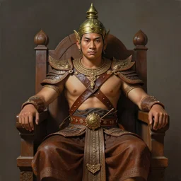 tai warlord, portrait, sit on the wooden throne, pose as king ramkhaheang monument, historical, ethnic group, traditional tai costume, bronze headset, leather shoulder armor, fantasy, intricate, with leather armor cross onbare chest, elegant, loin cloth, highly detailed, oill painting, artstation, concept art, matte, sharp focus, illustration, hearthstone, art by earl norem