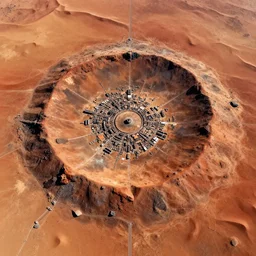 very high resolution, fine detail, 4 k, aerial photo looking down from above on a large crater with a city around it, on the surface of planet mars, with red desert dunes