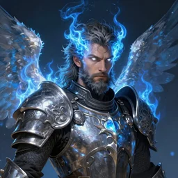 A Human Male Paladin, detailed face, glowing white eyes, blue flames surrounding, shaggy hair, scruffy beard, medium armor, wings, fantasy, intricate, elegant, highly detailed, digital painting, artstation, concept art, smooth, sharp focus, illustration, art by Krenz Cushart and Artem Demura and alphonse mucha