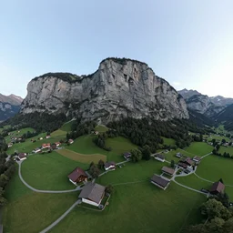 wide angle aerial drone view of Lauterbrunnen Switzerland, 3d stereoscopic equirectangular 360, fov 90 degrees, horizon centered, yaw 0 degrees