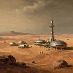 a futuristic mars colony, in the style of canaletto