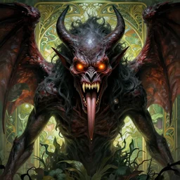 monstrous demon with wings, horror, glowing eyes, gnashing teeth, forked tongue, volumetric lights, plant theme, art nouveau botanicals, intricate, intense detail, digital painting, artstation, concept art, smooth, sharp focus, cinematic, illustration, beautiful face, style of h. r. giger, greg rutkowski, alphonse mucha, kentaro miura