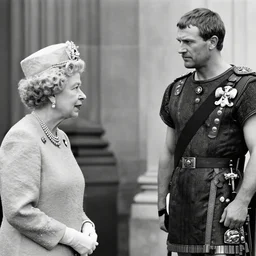 detailed black and white photo of queen elizabeth ii meeting julius caesar