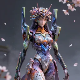 realistic 8k digital painting of a stunning intricate cracked multicolored milky marble Evangelion Devil Queen character design. Kintsugi. by Daytoner, Greg Tocchini, Yoshitaka Amano. Intricate Empress Crown made of sentient mycelium jewels and gems. subtle misty xparticles. Scattered Cherry blossoms Hyperrealism. Subsurface scattering. Octane Render