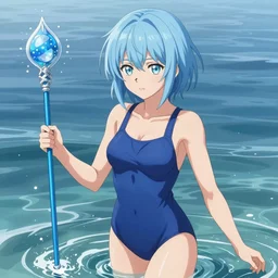 girl with short light blue hair, light blue eyes, in a a blue jumpsuit in the form of a swimsuit, in the hands of a blue wand, water, on the sea, anime style, hyper detailed, illustration, digital painting, art by artgerm and greg rutkowski and alphonse mucha, high delicate defined details, anime stylized, highly detailed, realistic, sharp focus, artstation, 4 k