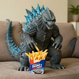 Godzilla on a couch snacking of ships from French fry box