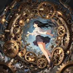 brutal illustration of anime girl being consumed by an endless spiral of gears and industrial lights, decimated by the machine, beautiful upper body shot, pretty!! face!!! and eyes!!! by haruko ichikawa, scenic high - tech environment, bloom effect, lens flares, pixiv contest winner,