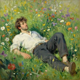 attractive man relaxing in flower field, painting by gaston bussiere, craig mullins