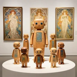 8 k photorealistic, a wooden art toys on a pedestal, cute robot wooden, cyberpunk, concept art, contemporary art gallery, art by alphonse mucha