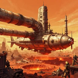 a bulbous space-station city with gigantic megalithic pipes inspired by a nuclear reactor submarine and maschinen krieger, ilm, beeple, star citizen halo, mass effect, starship troopers, elysium, iron smelting pits, high tech industrial, warm saturated colours