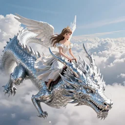 beautiful scene render that a princess ride on a huge silver white dragon back, finely detailed angelic face delicate features directed gaze, in the fairyland surrounded by white clouds, style of makoto shinkai victo ngai and peter mohrbacher studio ghibli artgerm karol bak beeple, animation style, 8 k hd, dream, ultra wide angle, animation style, hyper detailed