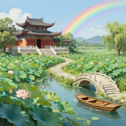 a gorgeous summer landscape painting by barlowe wayne maxfield parrish and marco mazzoni. lotus pond. chinese temple. the winding steps. stone bridge. boat. ultra clear detailed. 3 d, octane render. a lonely rainbow.