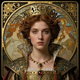 face centered portrait of a beautiful young medieval queen by james jean, jean delville, iris van herpen, raymond swanland and alphonse mucha, highly detailed, hyper - real, art nouveau, ornate gothic icon with heavy patina, ultrasharp hyperdetailed photorealistic octane render